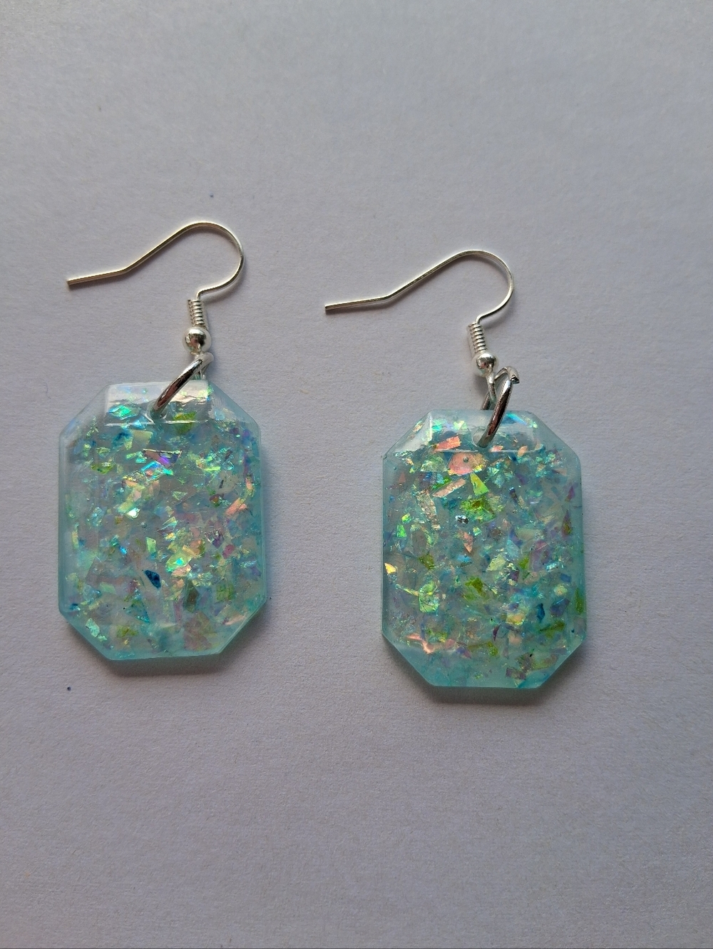 Hand Crafted Aqua Iridescent Resin Dangle Earrings